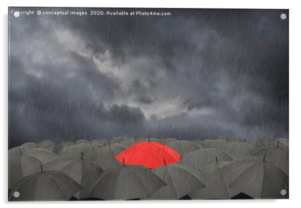 A red Umbrella surrounded by black umbrellas Acrylic by conceptual images
