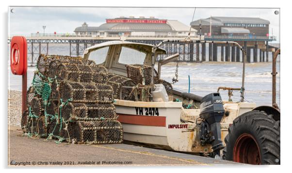 Crab pots and fishing boat on Cromer beach Acrylic by Chris Yaxley