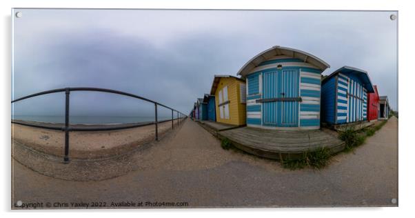  360 panorama of traditional beach huts on Cromer promenade, North Norfolk coast Acrylic by Chris Yaxley