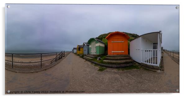 360 panorama of traditional beach huts on Cromer promenade, North Norfolk coast Acrylic by Chris Yaxley