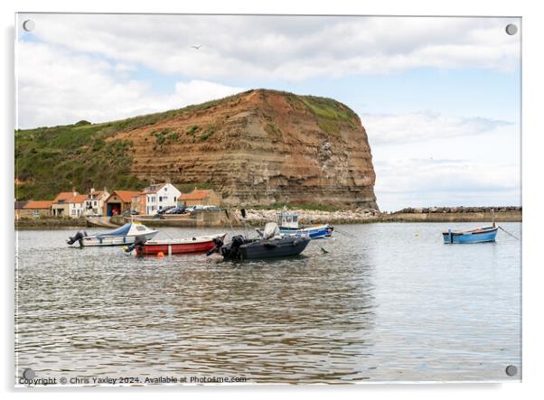 Commercial fishing boats moored in Staithes harbour on the North Yorkshire coast Acrylic by Chris Yaxley