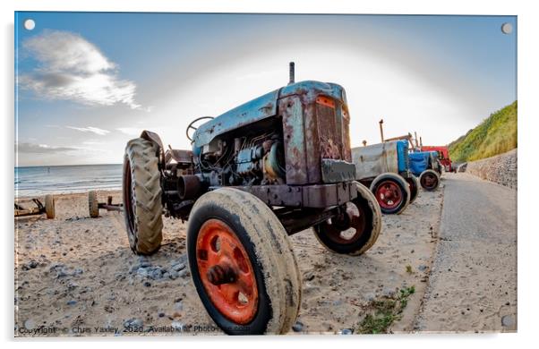 Close up and fisheye view of tractor on Cromer bea Acrylic by Chris Yaxley