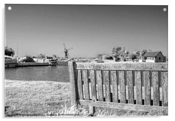 Wooden bench on the bank of the River Thurne Acrylic by Chris Yaxley
