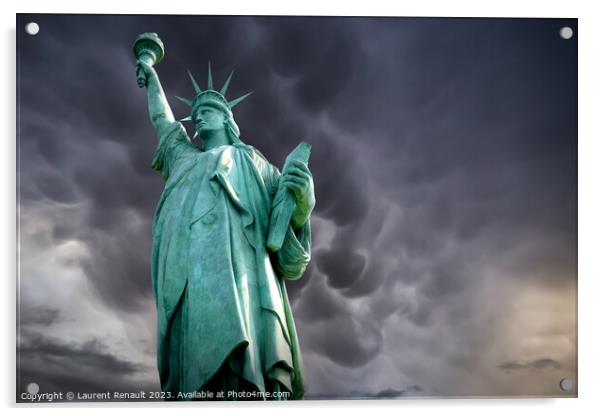 Statue of Liberty in a stormy background Acrylic by Laurent Renault