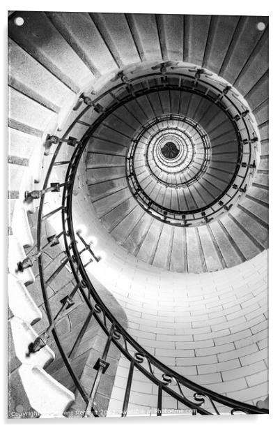 Black and white vertical real photography of Spiral stairs insid Acrylic by Laurent Renault
