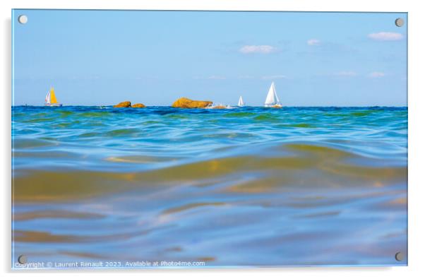 Boats and waves seen by a swimmer at sea level, photography take Acrylic by Laurent Renault