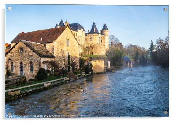 Castle and water mill in Verteuil-sur-Charente, France Acrylic by Laurent Renault
