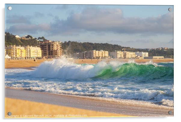 Big wave in Atlantic Ocean on the beach in Nazaré, Portugal Acrylic by Laurent Renault