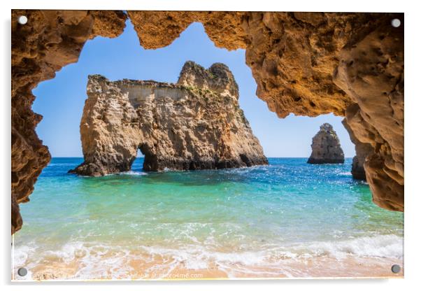 Small, heavenly beach photographed from cave, near Portimão, Al Acrylic by Laurent Renault