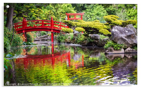 Beautiful japanese garden and red bridge Acrylic by Laurent Renault