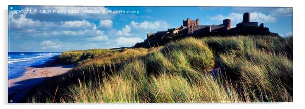 A view of Bamburgh Castle and the sand dunes, Northumberland Acrylic by Navin Mistry