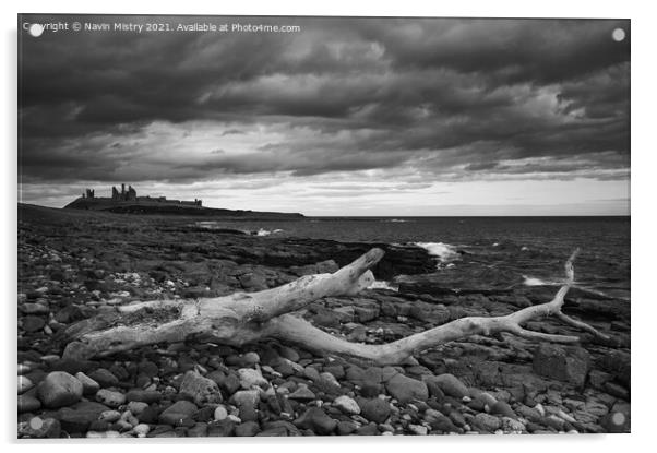 Driftwood at Embleton Bay looking towards Dunstanb Acrylic by Navin Mistry