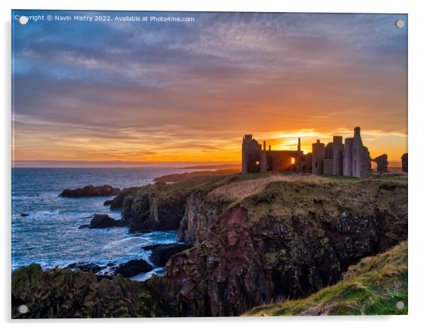 Sunset at Slains Castle, Cruden Bay, Aberdeenshire Acrylic by Navin Mistry