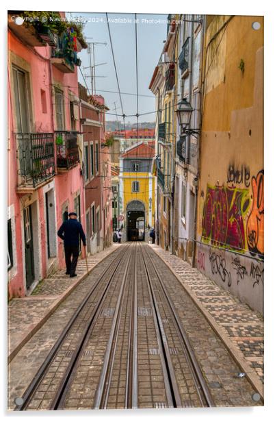 Ascensor da Bica, Barrio Alto, Lisbon, Portugal  Acrylic by Navin Mistry