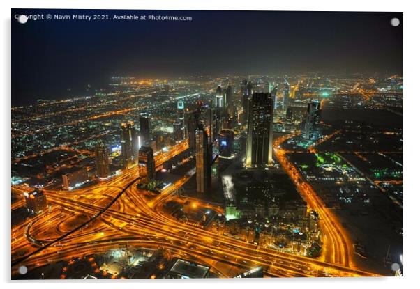 A night time view over Dubai, UAE, seen from the Burj Khalifa Acrylic by Navin Mistry