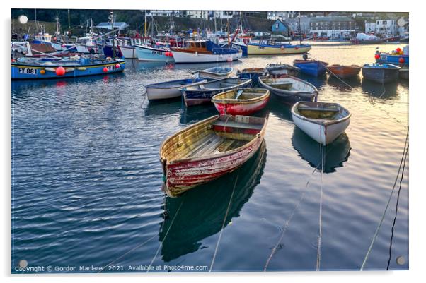 Boats moored in Mevagissey Harbour, Cornwall, England Acrylic by Gordon Maclaren