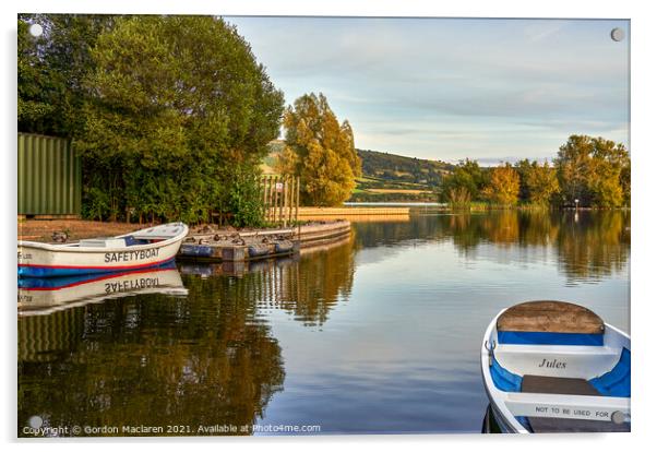 Boats moored in Llangorse Lake Brecon Beacons Acrylic by Gordon Maclaren