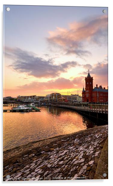 Sunset over Cardiff Bay and the Pierhead Building Acrylic by Gordon Maclaren