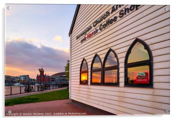 Cardiff Bay Sunset reflected in the Norwegian Church Acrylic by Gordon Maclaren