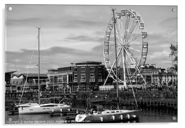 Mermaid Quay, Cardiff Bay, Wales, Monochrome Acrylic by Gordon Maclaren