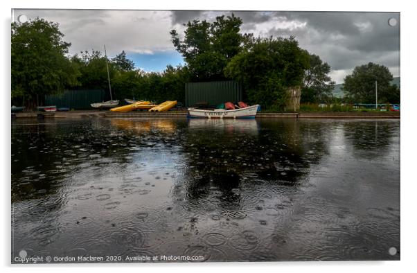 Safety Boat in the rain, Llangorse Lake Acrylic by Gordon Maclaren