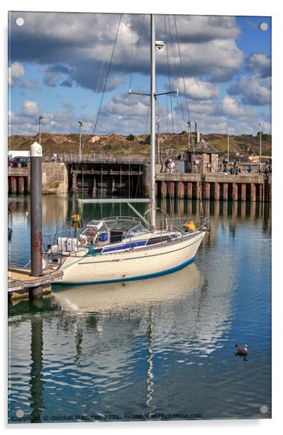 A yacht moored in Padstow Harbour, Cornwall. Acrylic by Gordon Maclaren