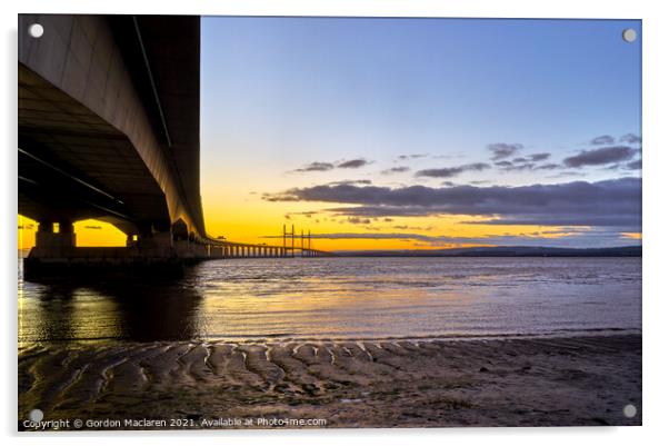 A magnificent sunset over the severn bridge Acrylic by Gordon Maclaren