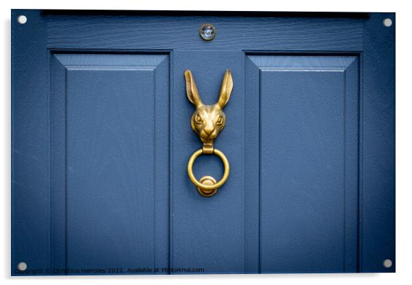 Blue wooden front door with bronze rabbit head door knocker Acrylic by Christina Hemsley