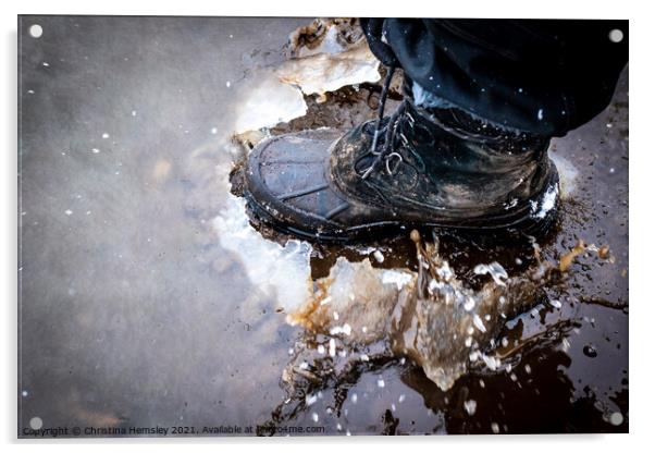 Boot cracking through an ice puddle Acrylic by Christina Hemsley