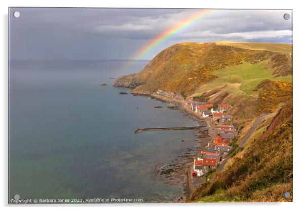 Crovie Fishing Village and Rainbow, Scotland. Acrylic by Barbara Jones