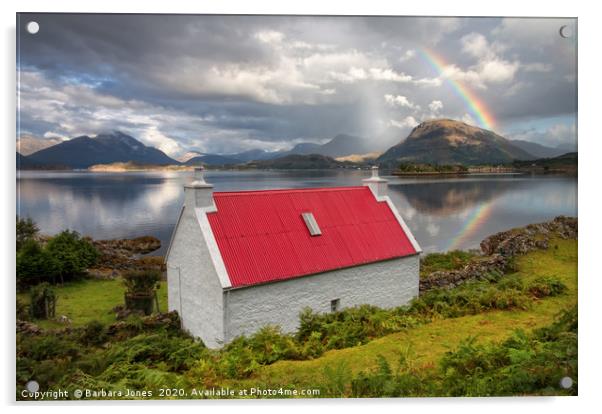 Red Roofed Cottage and Rainbow  Torridon Acrylic by Barbara Jones