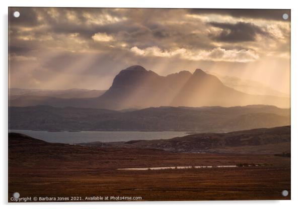 Suilven Sunbeams at Sunrise, Assynt. Acrylic by Barbara Jones