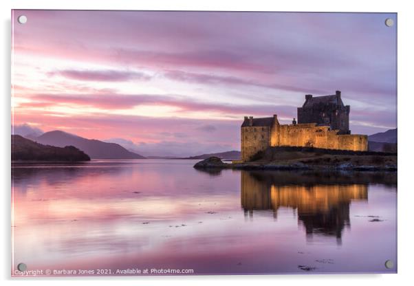 Eilean Donan Castle Sunset Loch Duich Scotland Acrylic by Barbara Jones