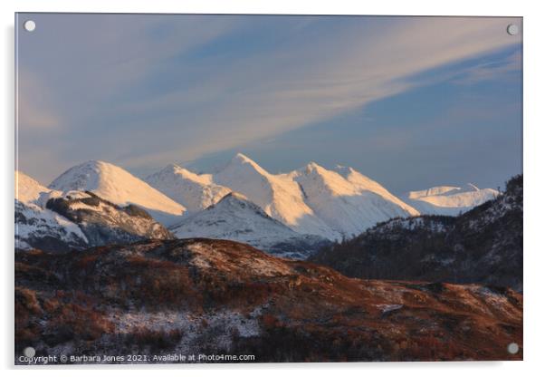 Five Sisters of Kintail in Winter Scotland Acrylic by Barbara Jones