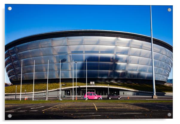 Glasgow cityscape. SSE Hydro and a pink car. Acrylic by Alexey Rezvykh