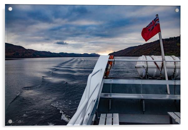 Water waves and boat on Loch Ness, Scotland. Acrylic by Alexey Rezvykh