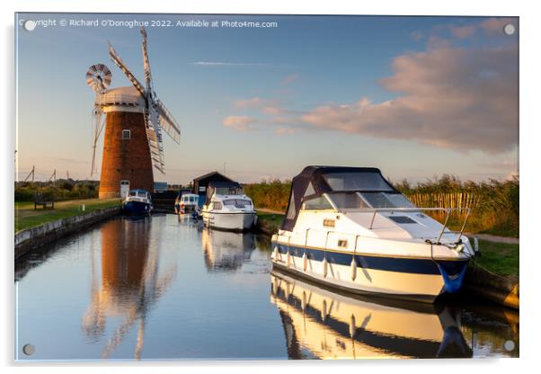 Boats moored at Horsey Mill on the Norfolk Broads at sunrise Acrylic by Richard O'Donoghue