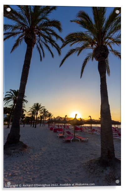 Majorca sunrise beach palm trees  Acrylic by Richard O'Donoghue
