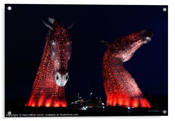 The Kelpies in red. Acrylic by Paul Clifton