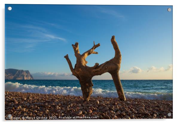 A dry tree on the beach looks like a dancing deer. Acrylic by Mariya Obidina