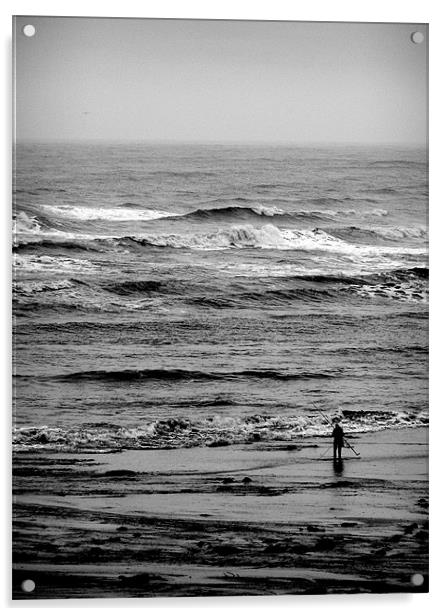 Coast - Lone fisher at Whitley Bay beach.  Acrylic by David Turnbull