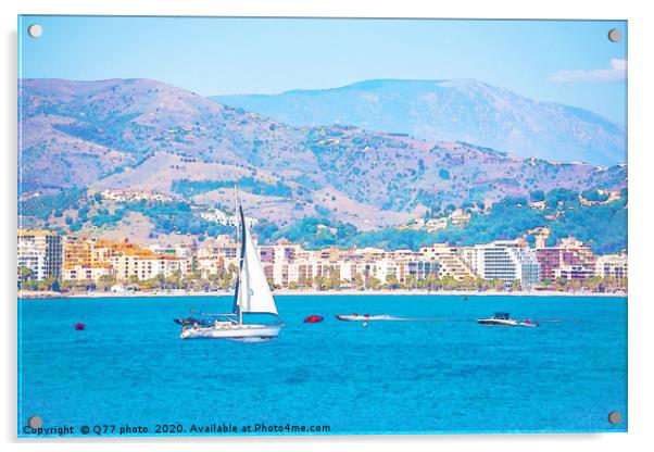 sailing boat flowing on the open sea, watercolor p Acrylic by Q77 photo