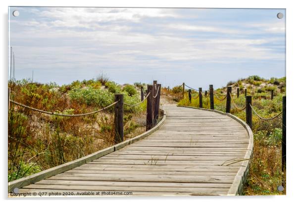 wooden boardwalk in the dunes leading to the sandy beach, the path by the sea, plants on the dunes Acrylic by Q77 photo