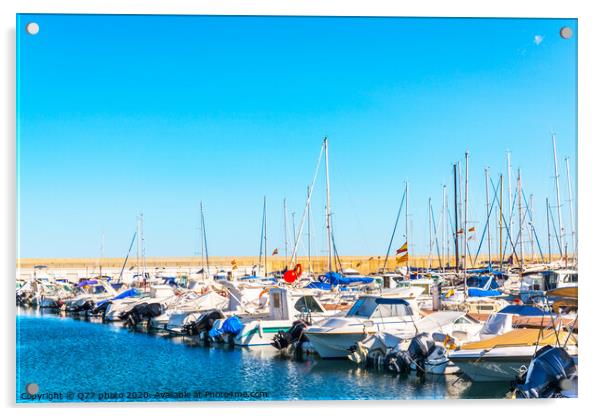 Beautiful luxury yachts and motor boats anchored in the harbor, hot summer day and blue water in the marina, blue sky Acrylic by Q77 photo