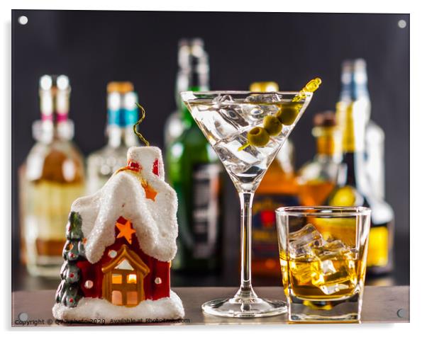 Coctail and beautiful Christmas house, candle, bottle background, xmas set Acrylic by Q77 photo