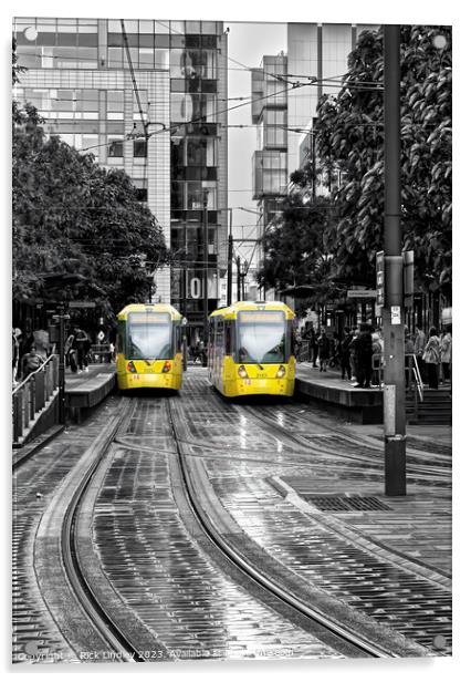 Manchester Trams In The Rain Acrylic by Rick Lindley