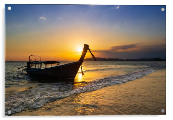 Sunset Scene over sea whit Longtail Boat Acrylic by Jordan Jelev