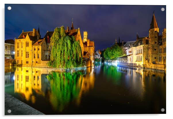 Night view of Historic City Center Brugge Acrylic by Jordan Jelev
