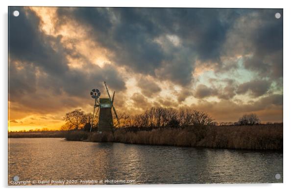 December Sunset over Turf Fen Mill Norfolk Acrylic by David Powley