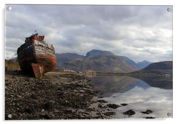 OLD BOAT OF CAOL AND BEN NEVIS ON SHORE OF LOCH EIL, SCOTLAND Acrylic by SIMON STAPLEY